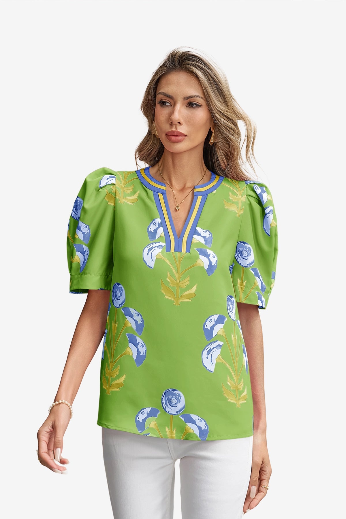 Womens Green Summer Puff Sleeve Blouses  | CicyBell