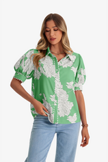 Womens Green Puff Sleeve Button Down Shirts | CicyBell
