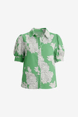 Womens Green Puff Sleeve Button Down Shirts | CicyBell