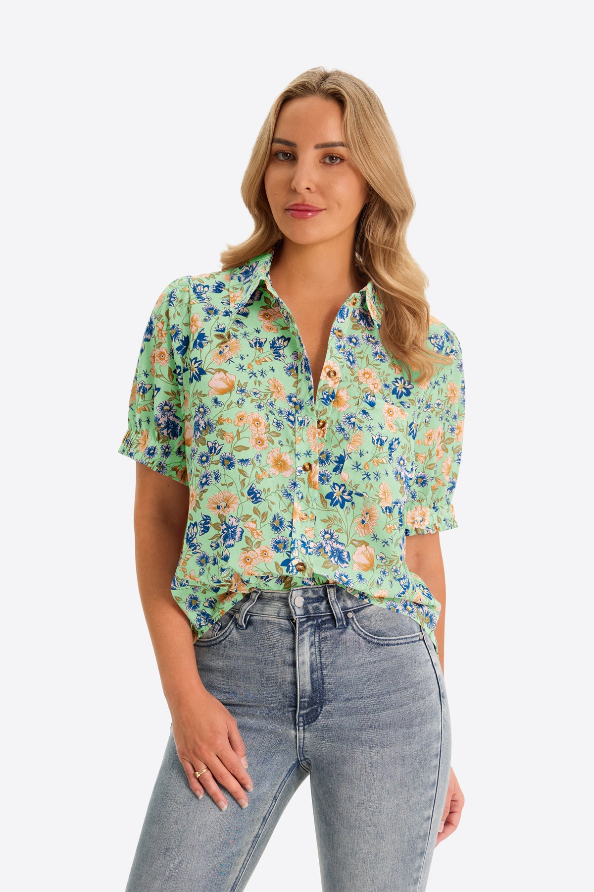 Womens Green Floral Printed Button Down Shirts | CicyBell