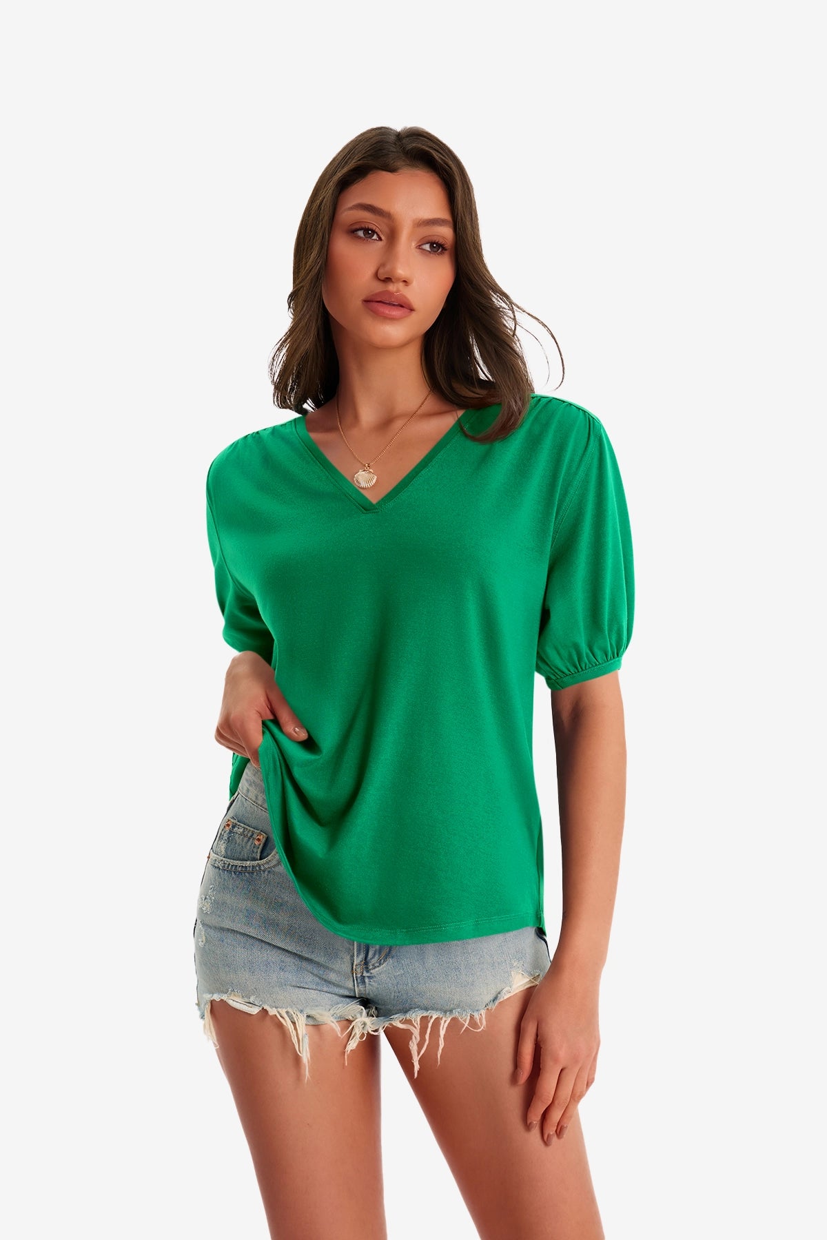 Womens Green Summer Puff Short Sleeve T Shirts | CicyBell