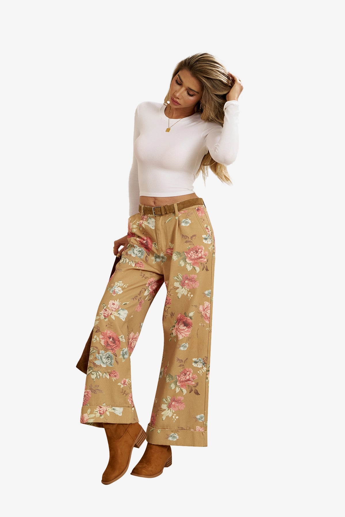 Women's Khaki Floral Baggy Wide Leg Jeans | CicyBell