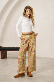 Women's Khaki Floral Baggy Wide Leg Jeans | CicyBell