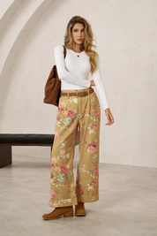 Women's Khaki Floral Baggy Wide Leg Jeans | CicyBell