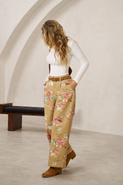 Women's Khaki Floral Baggy Wide Leg Jeans | CicyBell