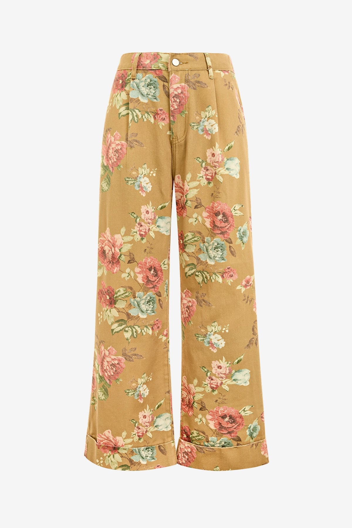 Women's Khaki Floral Baggy Wide Leg Jeans | CicyBell