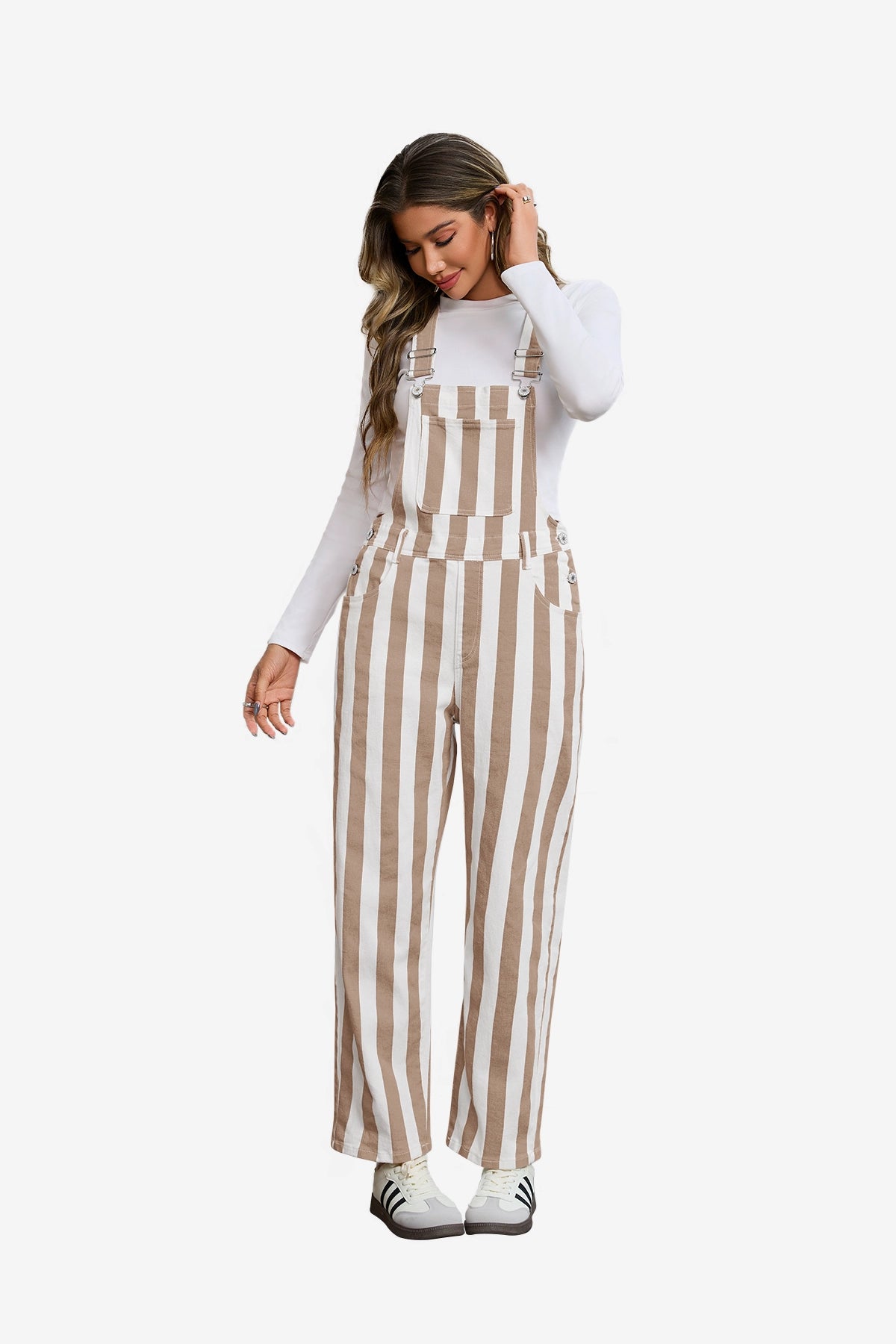Womens Khaki Casual Striped Bib Overalls  | CicyBell