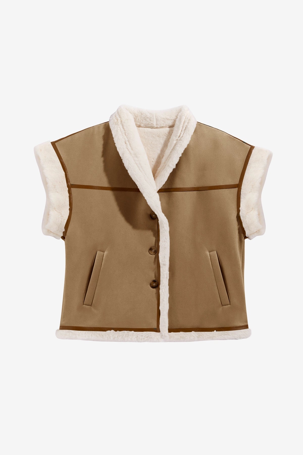 Womens Khaki Suede Sherpa Vest  | CicyBell