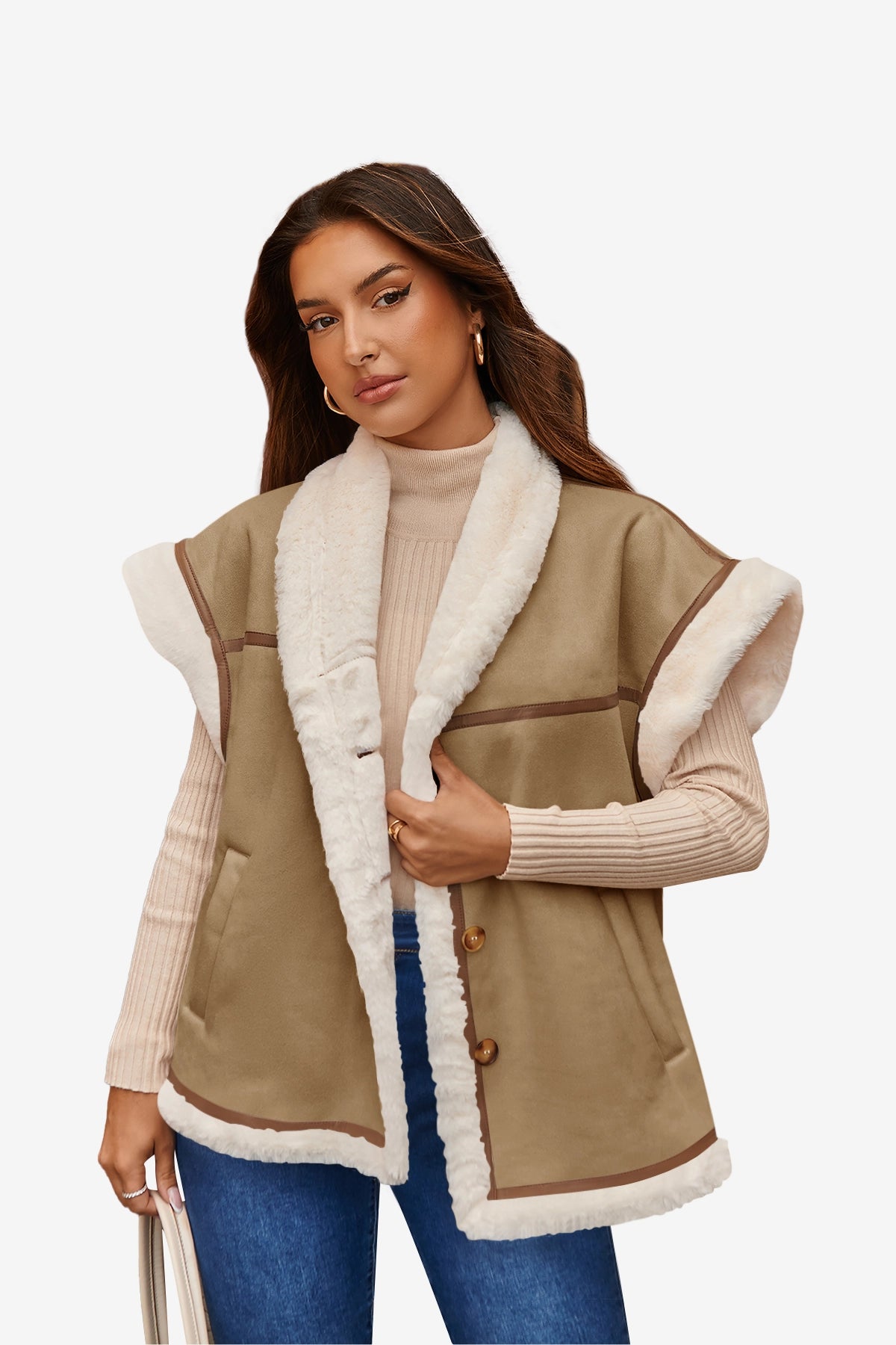 Womens Khaki Suede Sherpa Vest  | CicyBell
