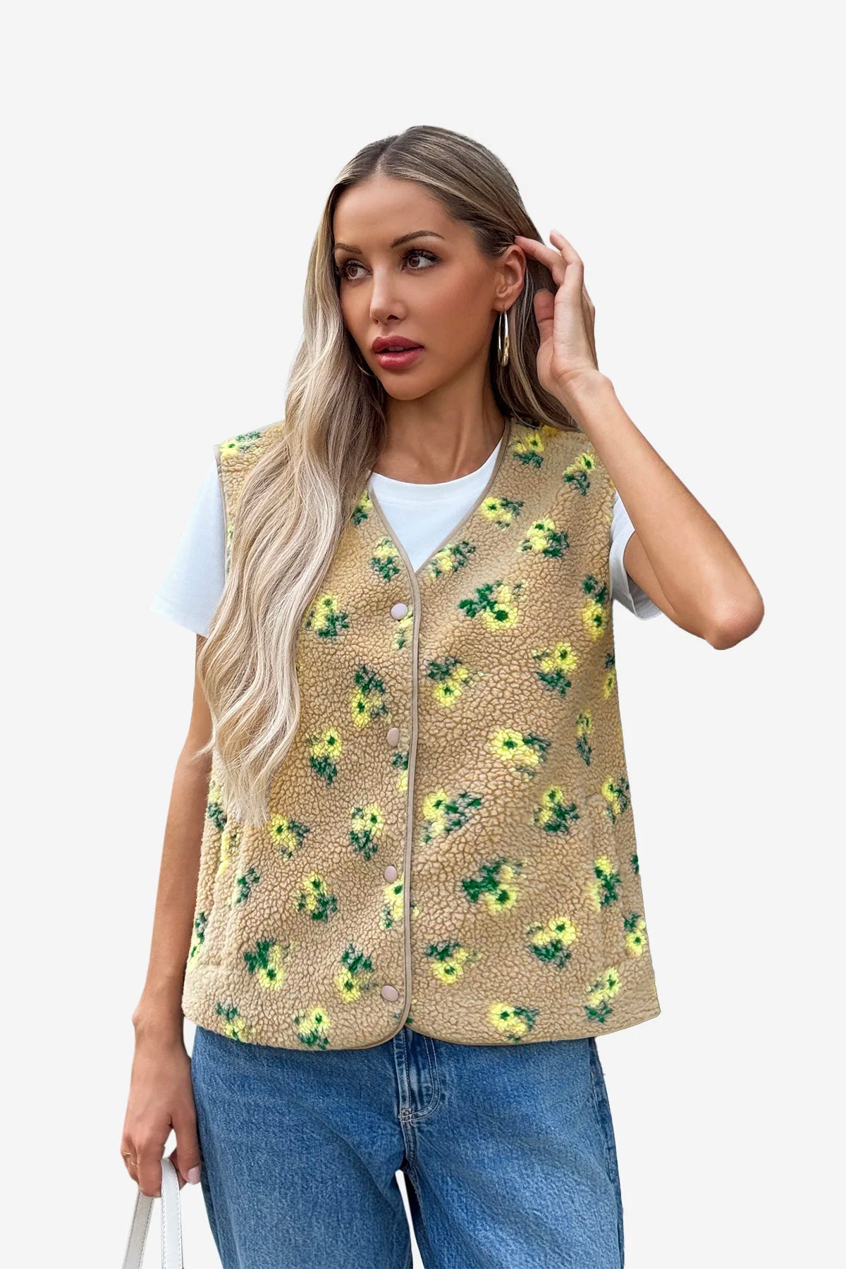 Womens Khaki Fuzzy Fleece Vest | CicyBell