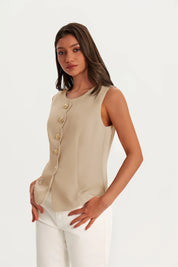 Womens Khaki Summer Sleeveless Blazer Vests | CicyBell