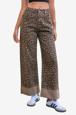 Womens Leopard Print Striped Wide Leg Jeans  | CicyBell