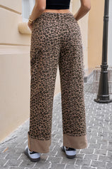 Womens Leopard Print Striped Wide Leg Jeans  | CicyBell