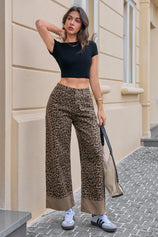 Womens Leopard Print Striped Wide Leg Jeans  | CicyBell