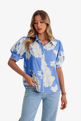 Womens Light Blue Puff Sleeve Button Down Shirts | CicyBell