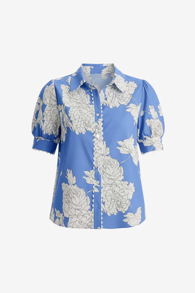 Womens Light Blue Puff Sleeve Button Down Shirts | CicyBell