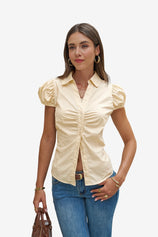 Womens Light Khaki Puff Sleeve Button Down Shirts | CicyBell