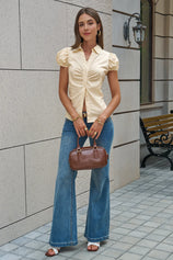 Womens Light Khaki Puff Sleeve Button Down Shirts | CicyBell