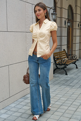 Womens Light Khaki Puff Sleeve Button Down Shirts | CicyBell