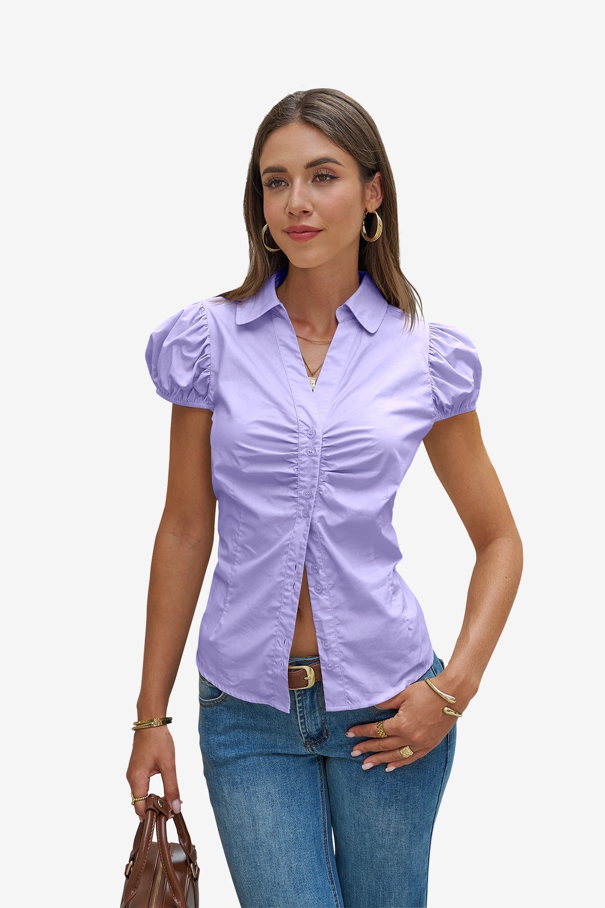 Womens Light Purple Puff Sleeve Button Down Shirts | CicyBell