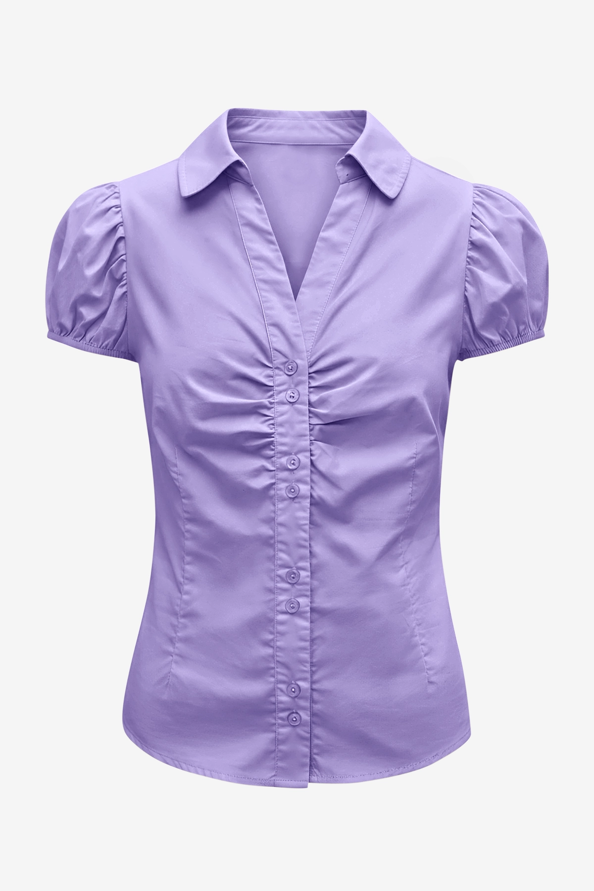 Womens Light Purple Puff Sleeve Button Down Shirts | CicyBell