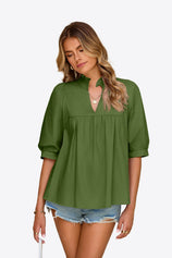 Womens Olive Green Puff Sleeve V Neck Blouse | CicyBell