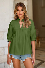 Womens Olive Green Puff Sleeve V Neck Blouse | CicyBell