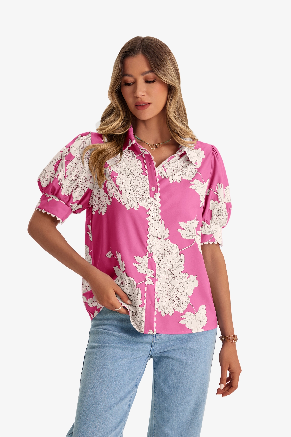 Womens Pink Puff Sleeve Button Down Shirts | CicyBell