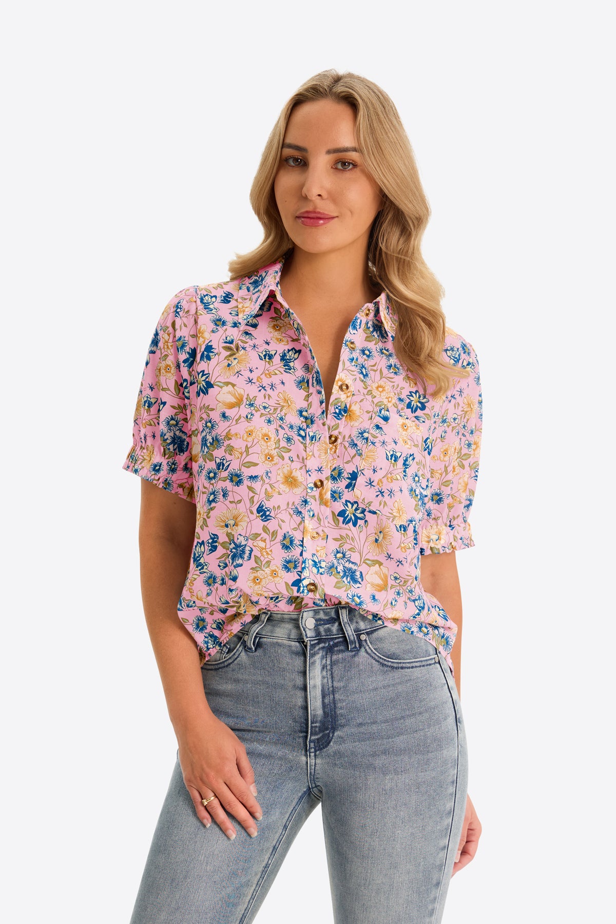 Womens Pink Floral Printed Button Down Shirts | CicyBell