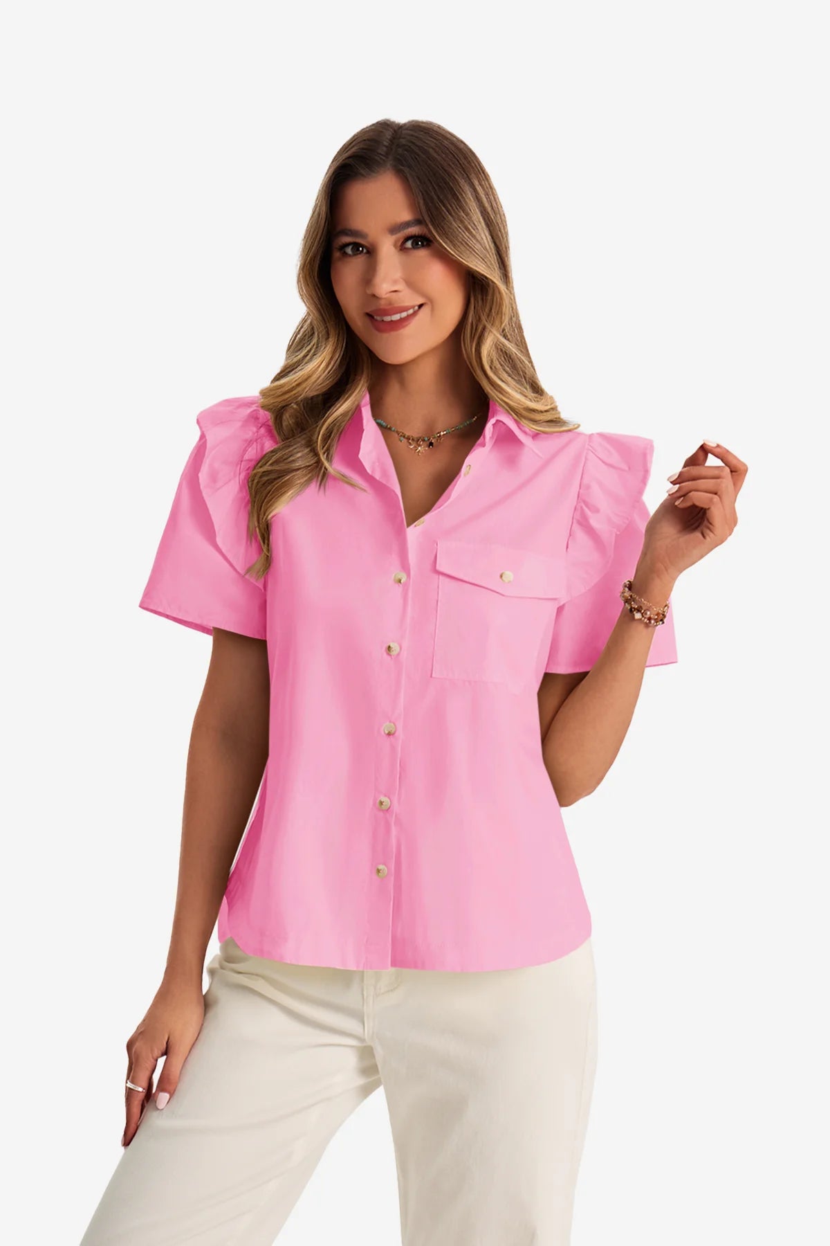 Womens Pink Babydoll Button Down Shirts | CicyBell