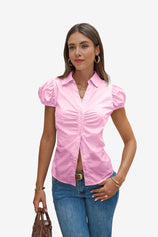 Womens Pink Puff Sleeve Button Down Shirts | CicyBell