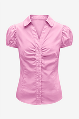 Womens Pink Puff Sleeve Button Down Shirts | CicyBell