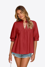 Womens Red Puff Sleeve V Neck Blouse | CicyBell