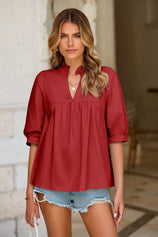 Womens Red Puff Sleeve V Neck Blouse | CicyBell