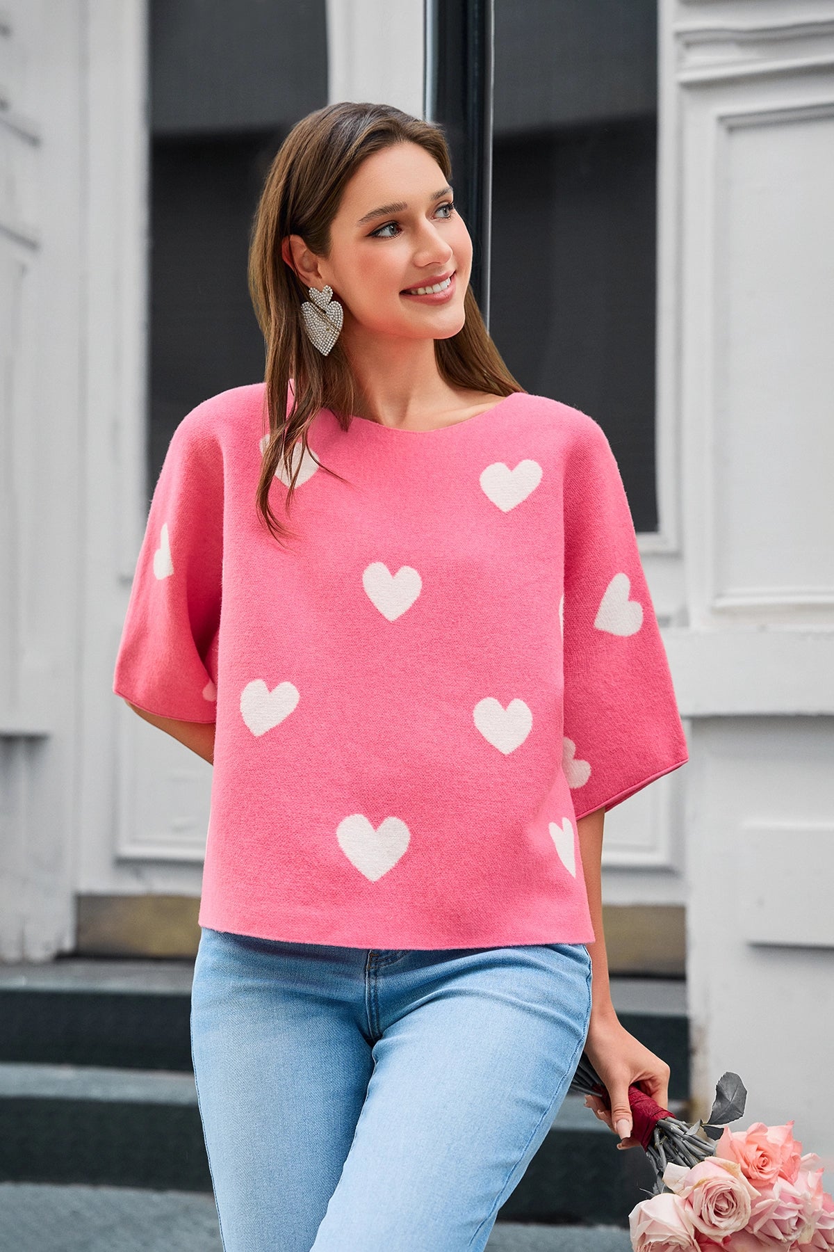 Womens Rose Red Half Sleeve Sweaters  | CicyBell