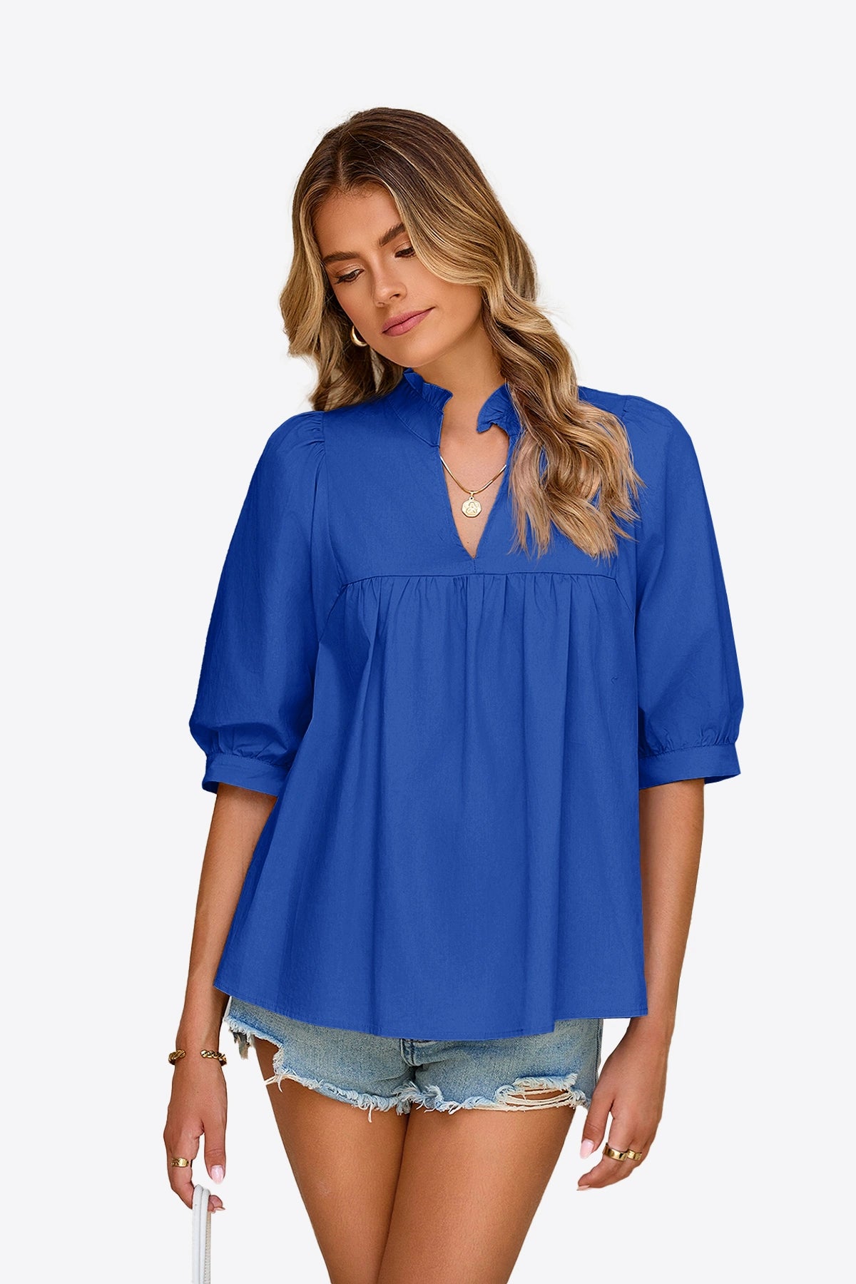 Womens Royal Blue Puff Sleeve V Neck Blouse | CicyBell