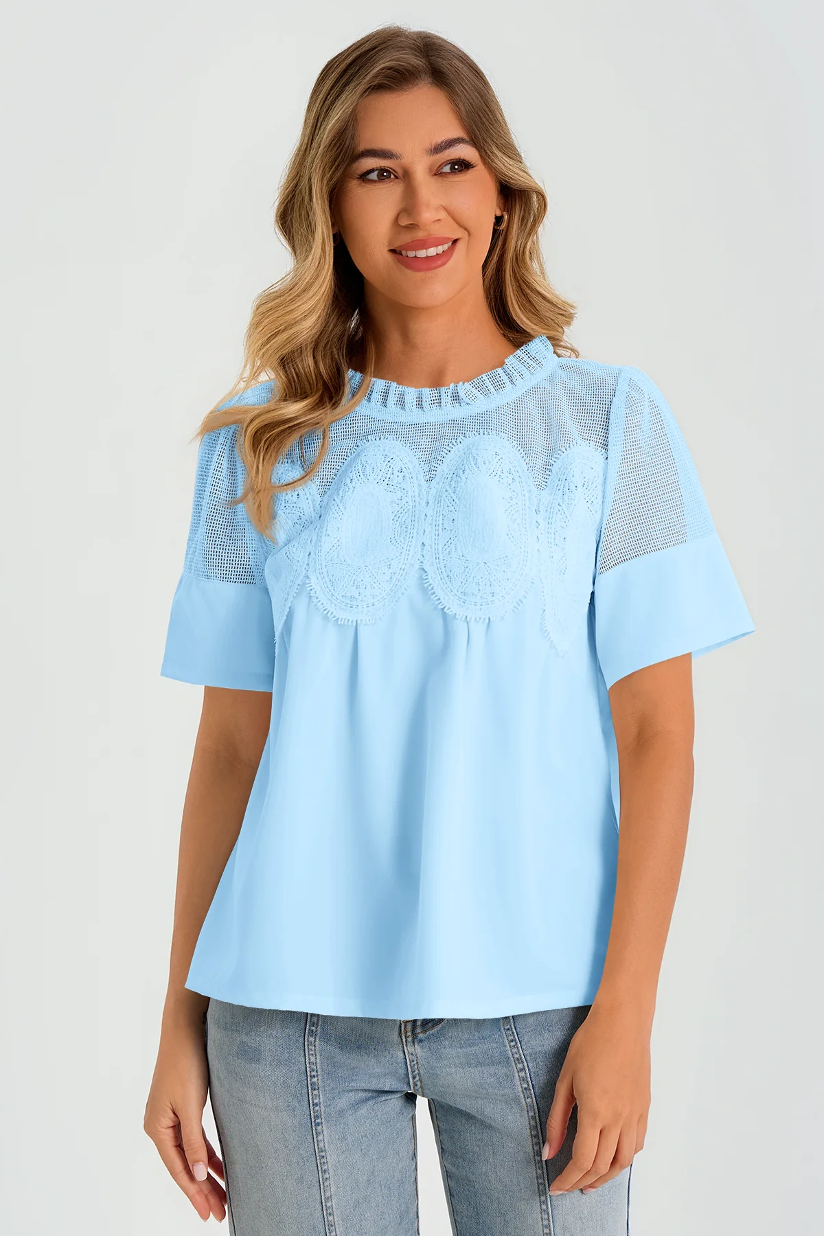 Womens Sky Blue Flowy Lace Blouses | CicyBell