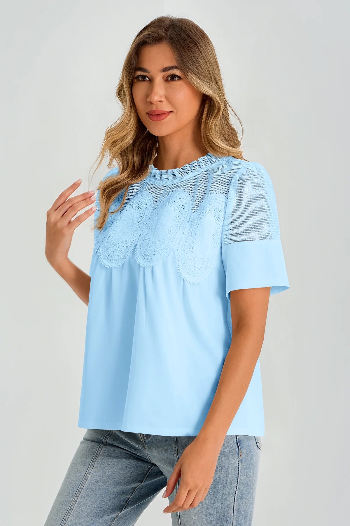 Womens Sky Blue Flowy Lace Blouses | CicyBell
