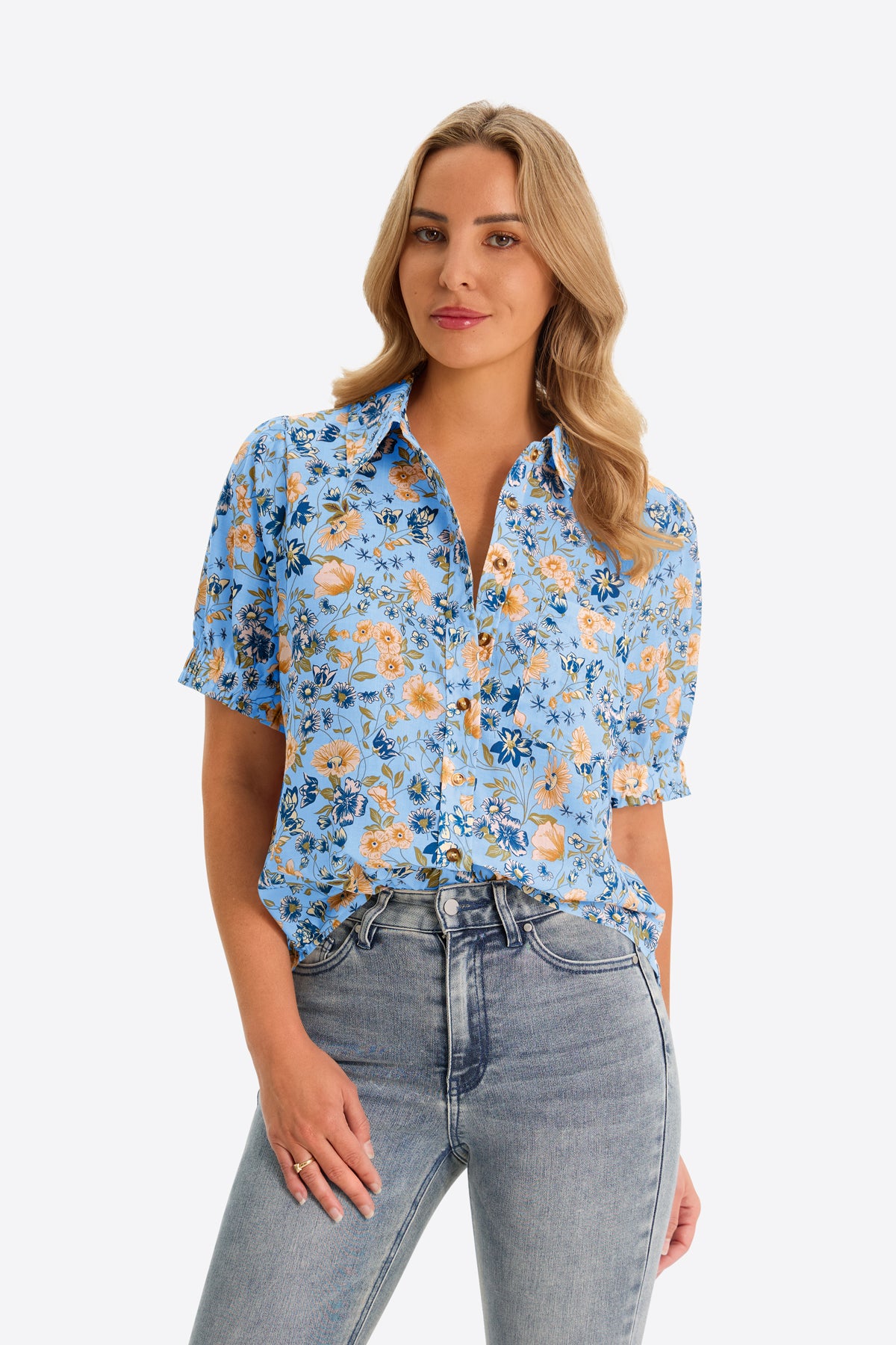 Womens Sky Blue Floral Printed Button Down Shirts | CicyBell
