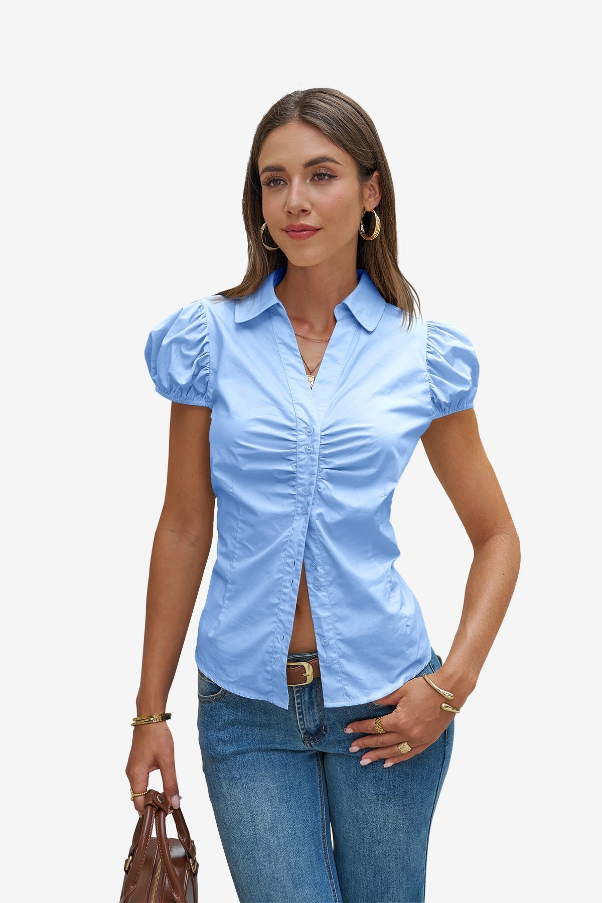 Womens Sky Blue Puff Sleeve Button Down Shirts | CicyBell