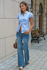 Womens Sky Blue Puff Sleeve Button Down Shirts | CicyBell