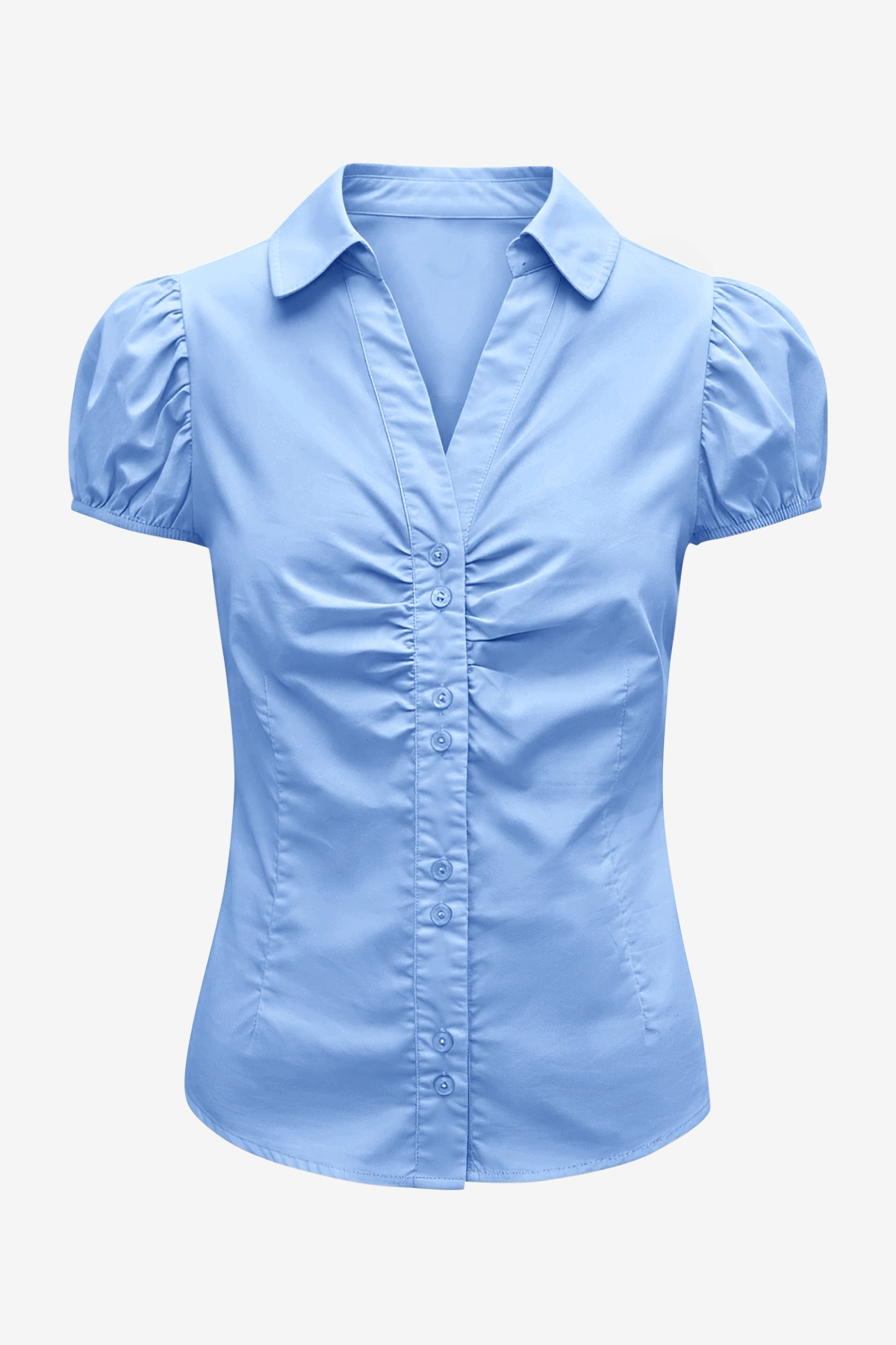 Womens Sky Blue Puff Sleeve Button Down Shirts | CicyBell