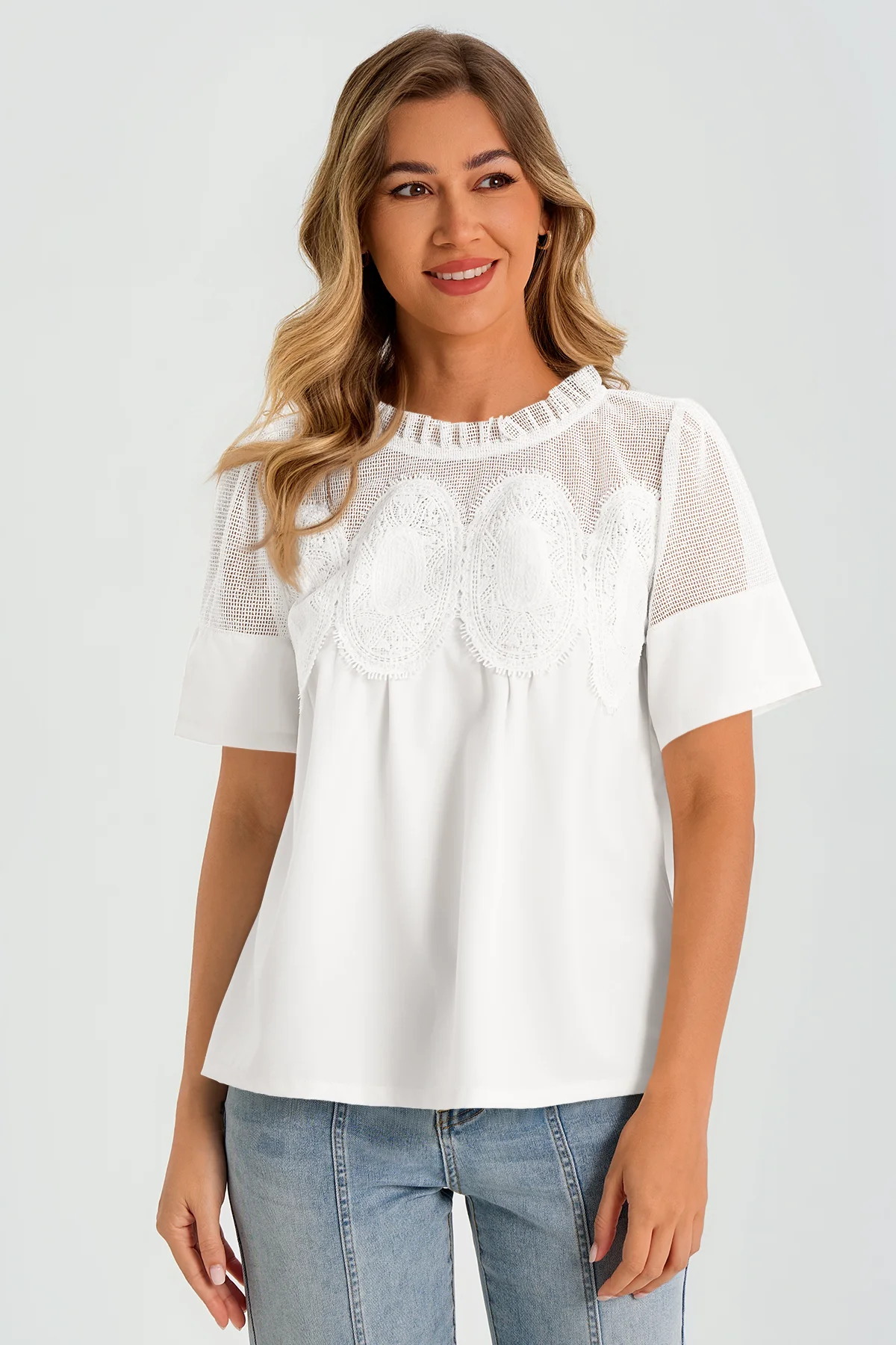 Womens White Flowy Lace Blouses | CicyBell