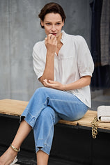 Womens White Puff Sleeve V Neck Blouse | CicyBell