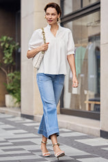 Womens White Puff Sleeve V Neck Blouse | CicyBell
