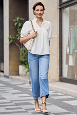 Womens White Puff Sleeve V Neck Blouse | CicyBell