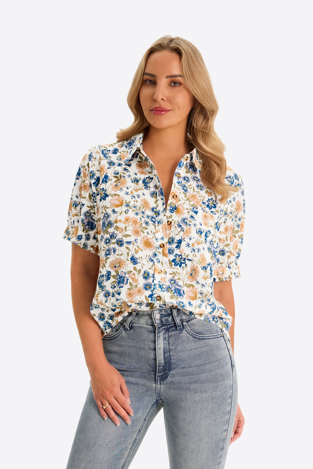 Womens White Floral Printed Button Down Shirts | CicyBell
