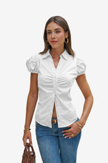 Womens White Puff Sleeve Button Down Shirts | CicyBell