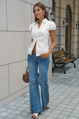 Womens White Puff Sleeve Button Down Shirts | CicyBell