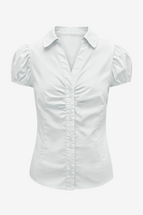 Womens White Puff Sleeve Button Down Shirts | CicyBell